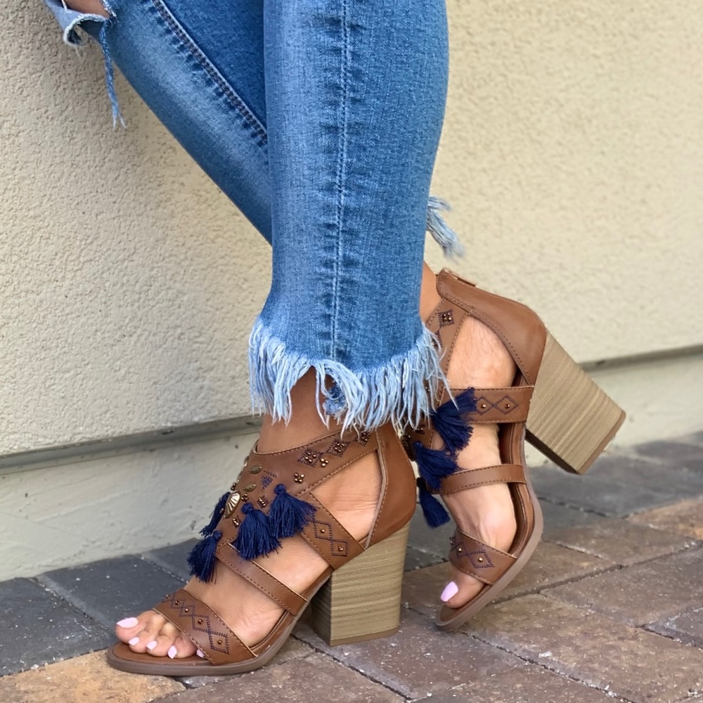 Boho Tassel Detail Embellished Block Heel Sandal - Picture 8 of 8